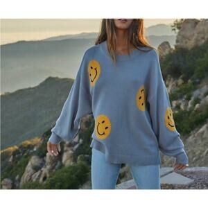 By Together women's smiley face gray yellow pullover crew cotton sweater small